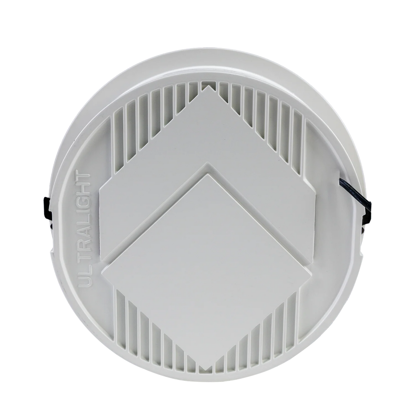 Round white light fixture with visible brand name on a white background