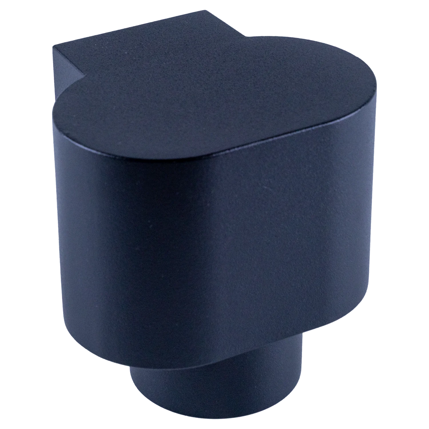 Dark blue cylindrical object with a unique design on a white background