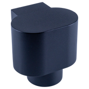 Dark blue cylindrical object with a unique design on a white background