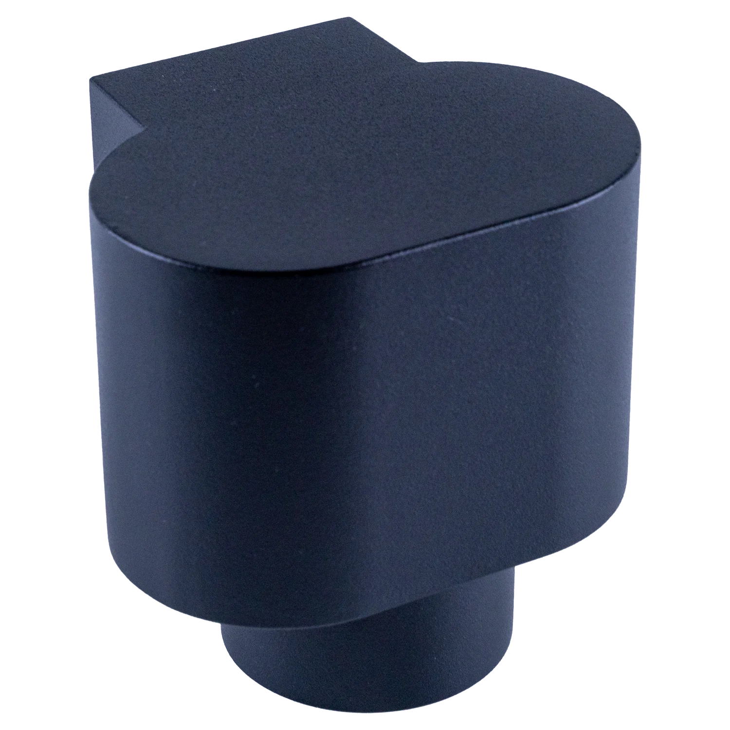 Dark blue cylindrical object with a unique design on a white background