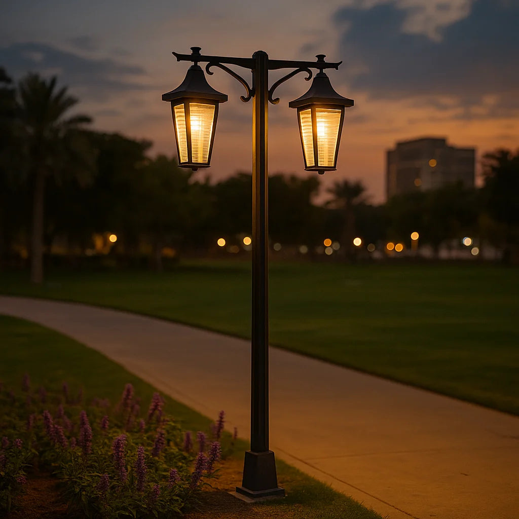 Outdoor Pole Light with Dual Classic Lanterns (0304-PL059-2) - 2.5 Meters - IP44 Weather-Resistant - 2xE27 Bulb Bases