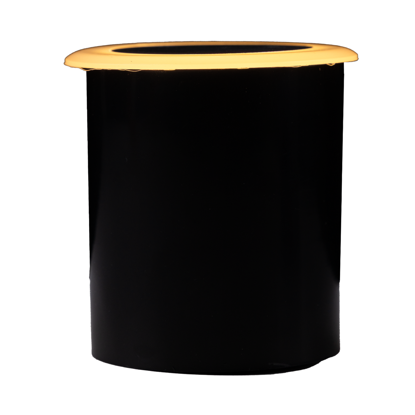 Black trash can with gold rim on a white background