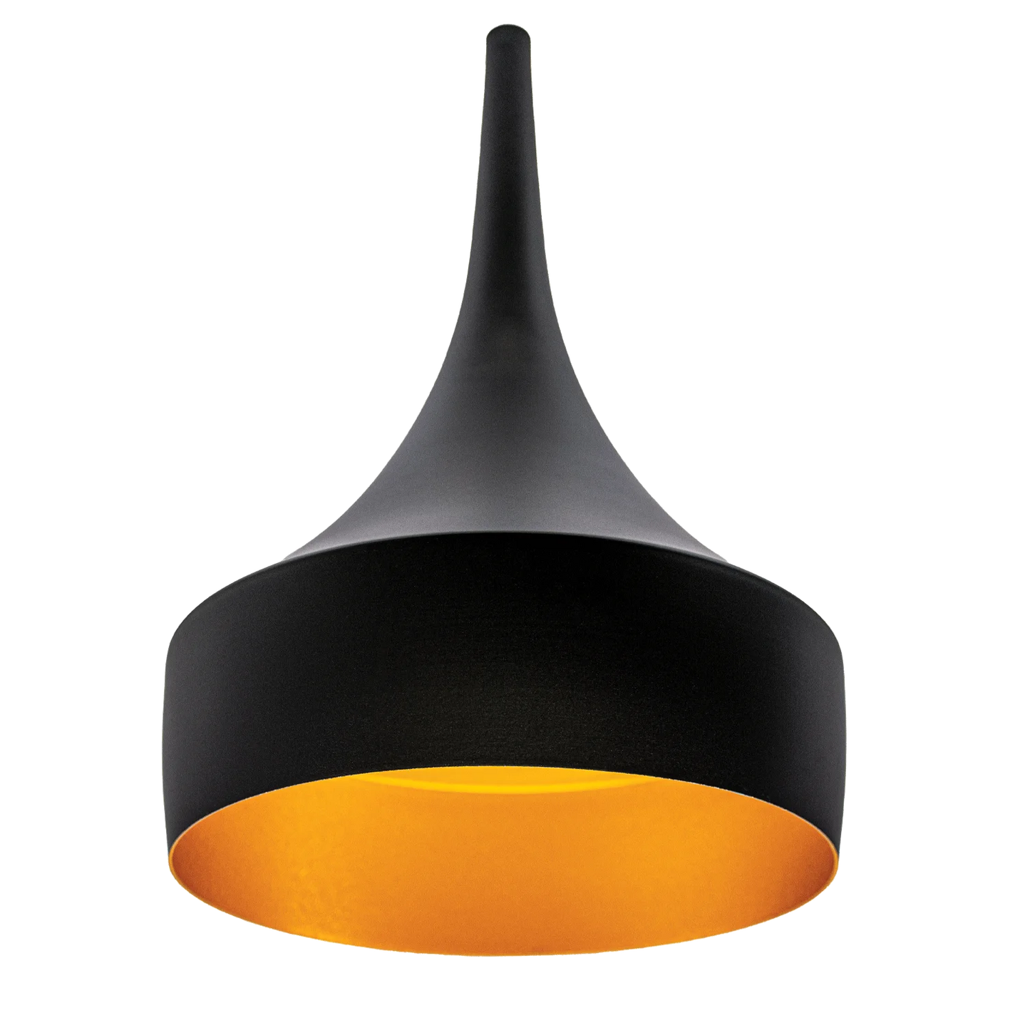 Modern pendant light with black and orange design on a white background