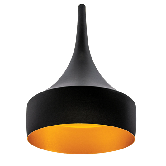 Modern pendant light with black and orange design on a white background