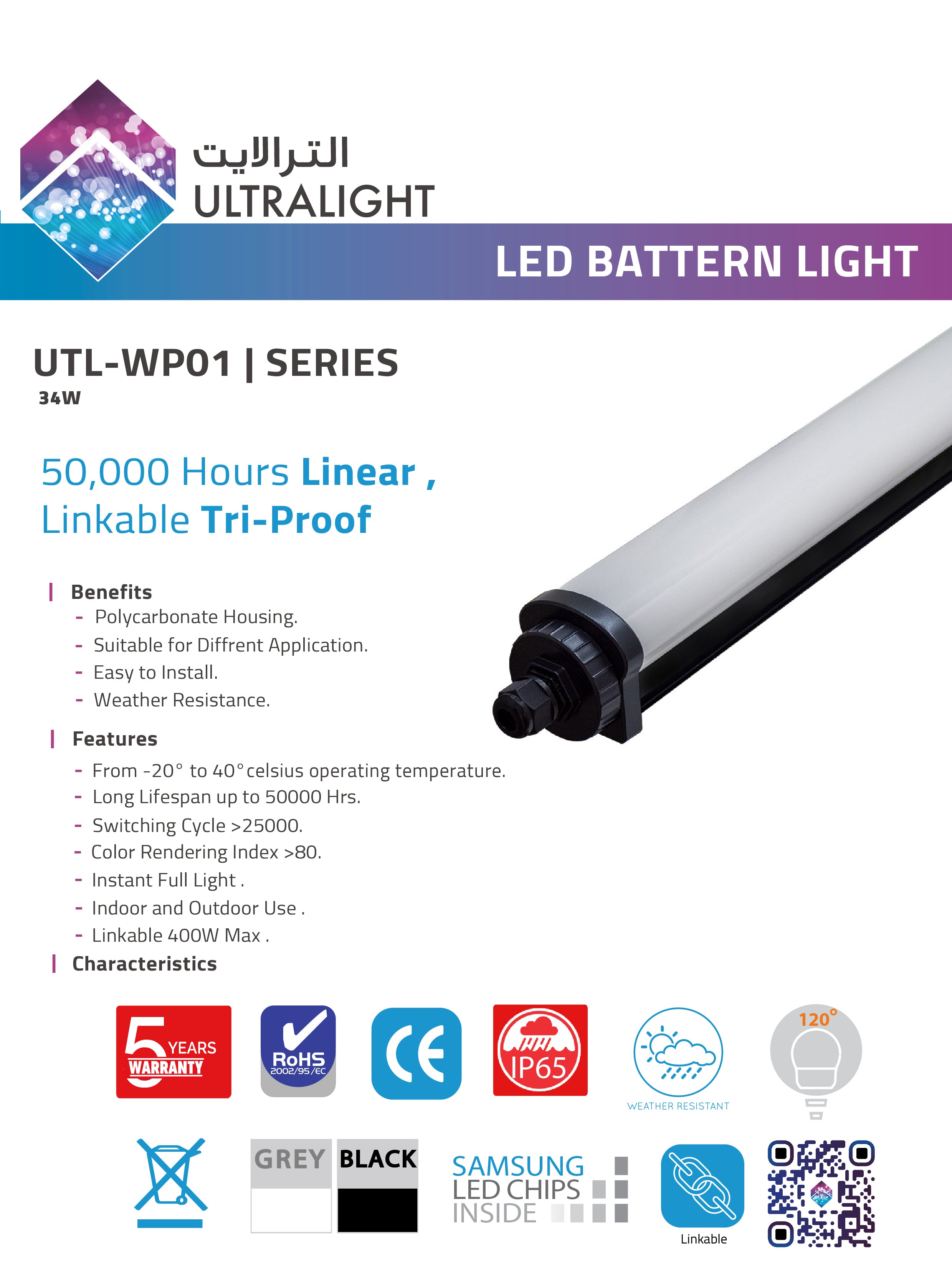 Ultralight LED Batten Light - Linkable Tri-proof 34W IP65 (UTL-WP01)