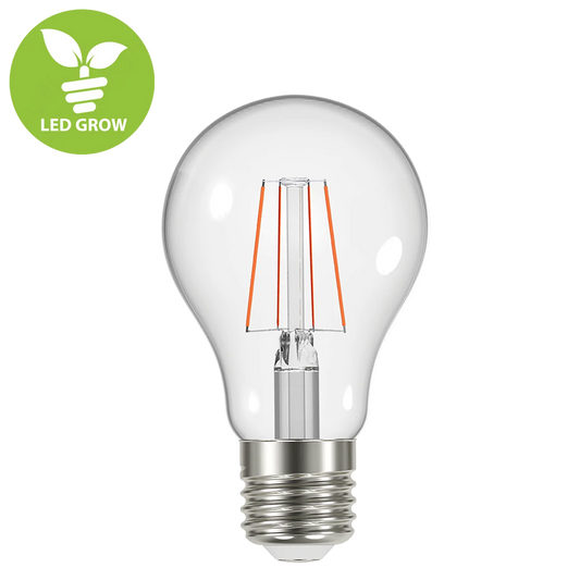 Clear LED light bulb with visible filaments on a white background, featuring the 'LED Grow' logo.