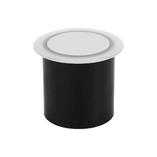 Black cylindrical LED inground light with a frosted diffuser, suitable for outdoor spot lighting.
