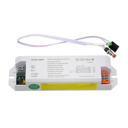 LED emergency driver with label on a white background