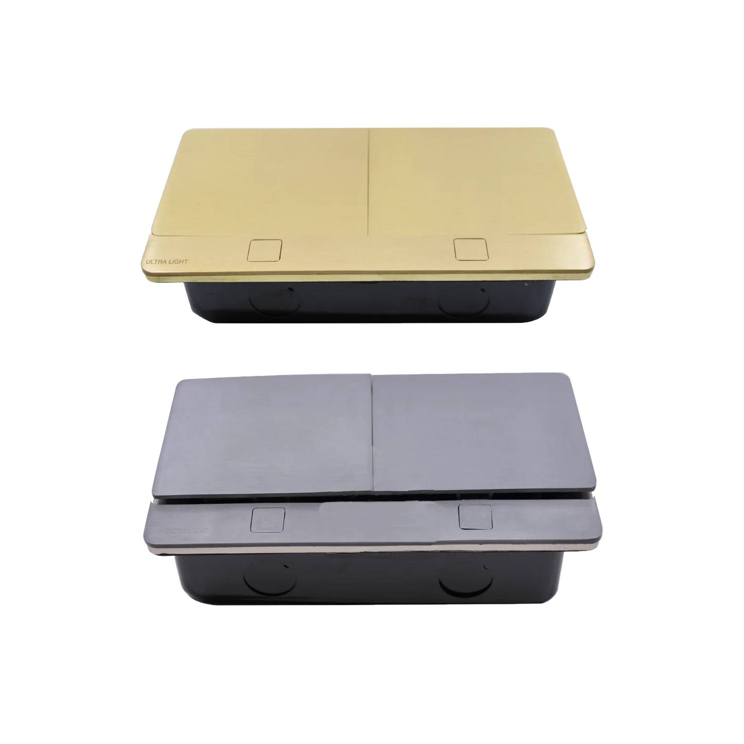 Two electronic devices, one gold and one black, on a white background