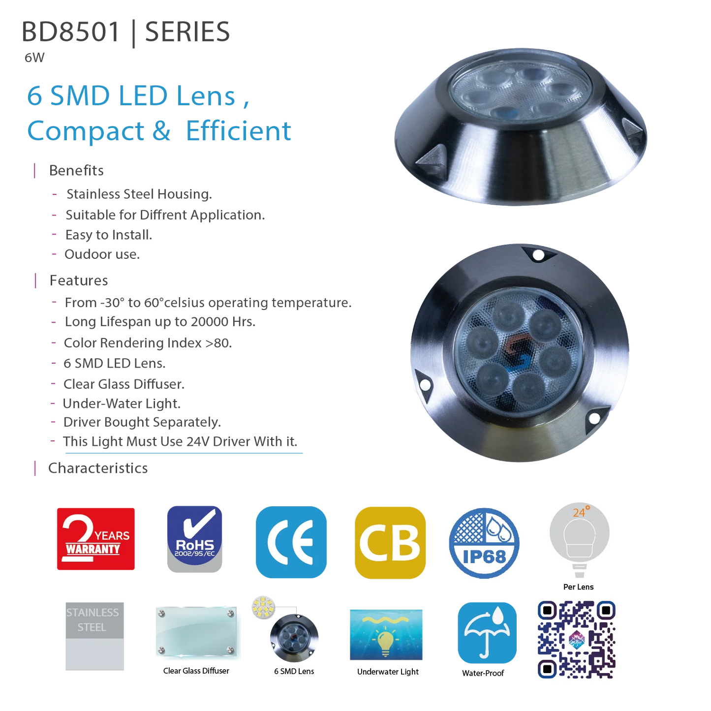 Ultralight LED Underwater Light 6W IP68 - Waterproof Outdoor Lighting (BD8501)