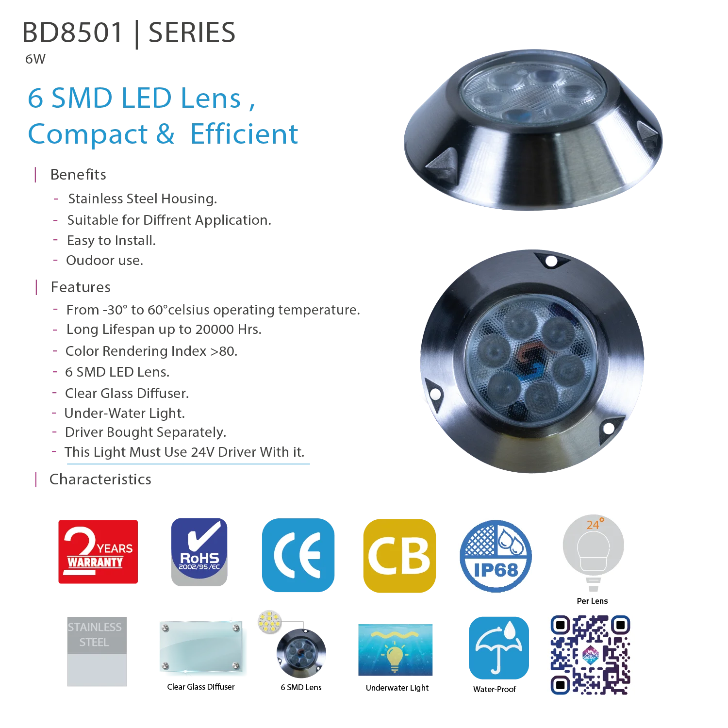 Ultralight LED Underwater Light 6W IP68 - Waterproof Outdoor Lighting (BD8501)