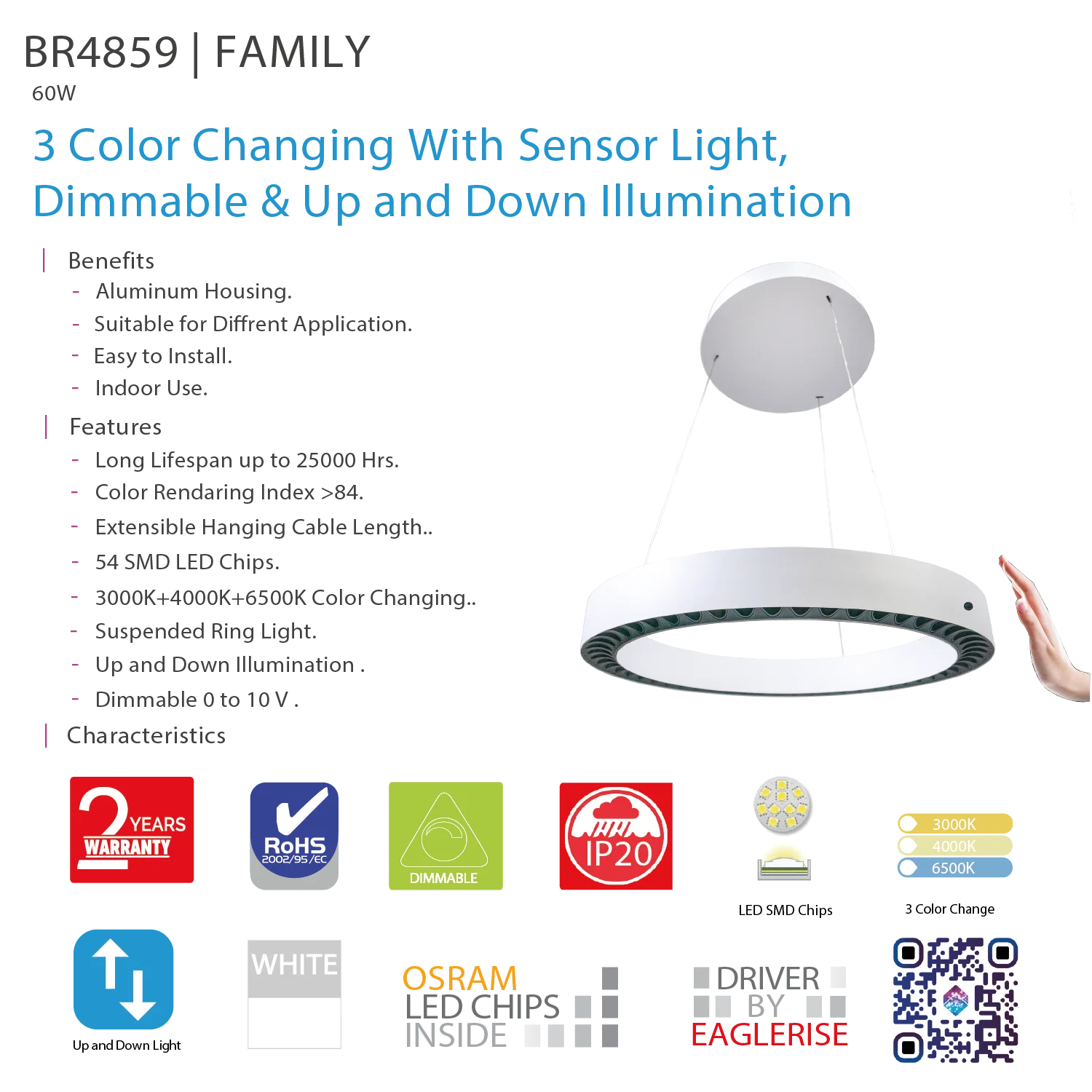 LED Pendant Light with Sensor - Dimmable & Up and Down illumination (BR4859)