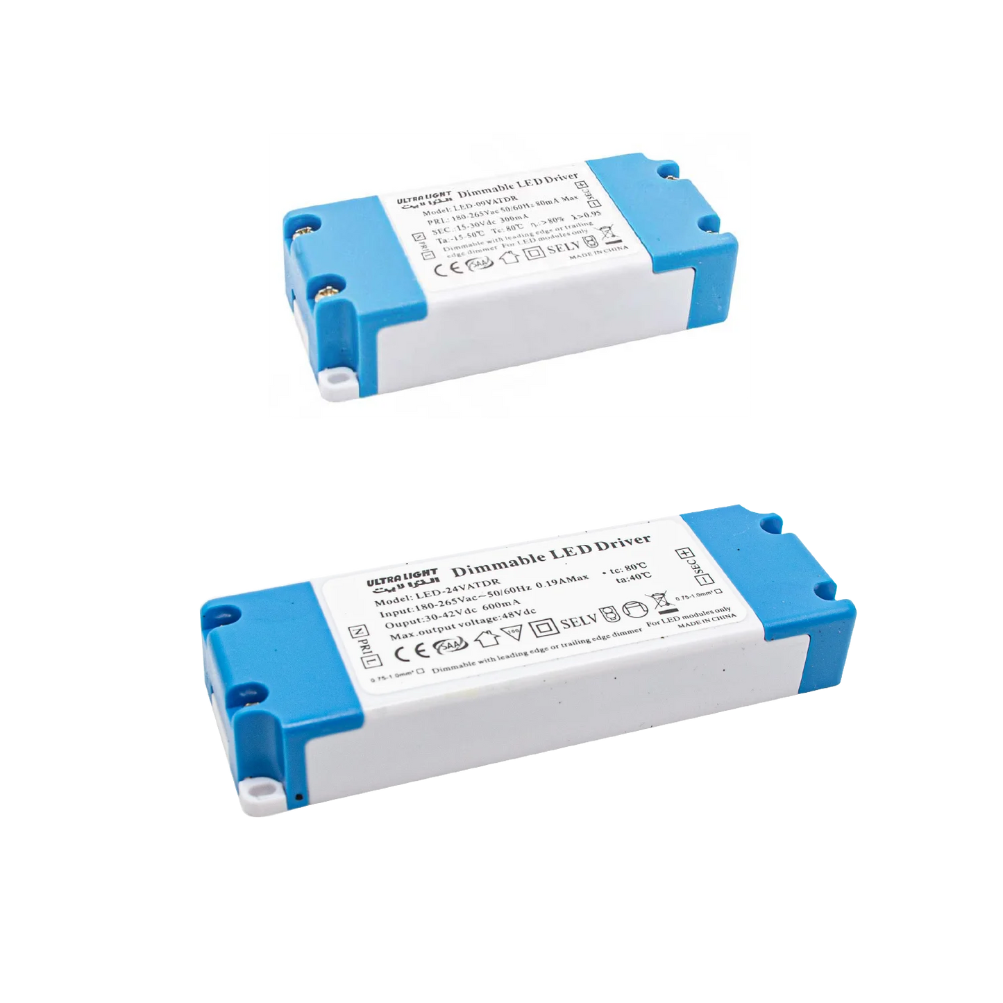 Two blue and white LED driver devices on a white background