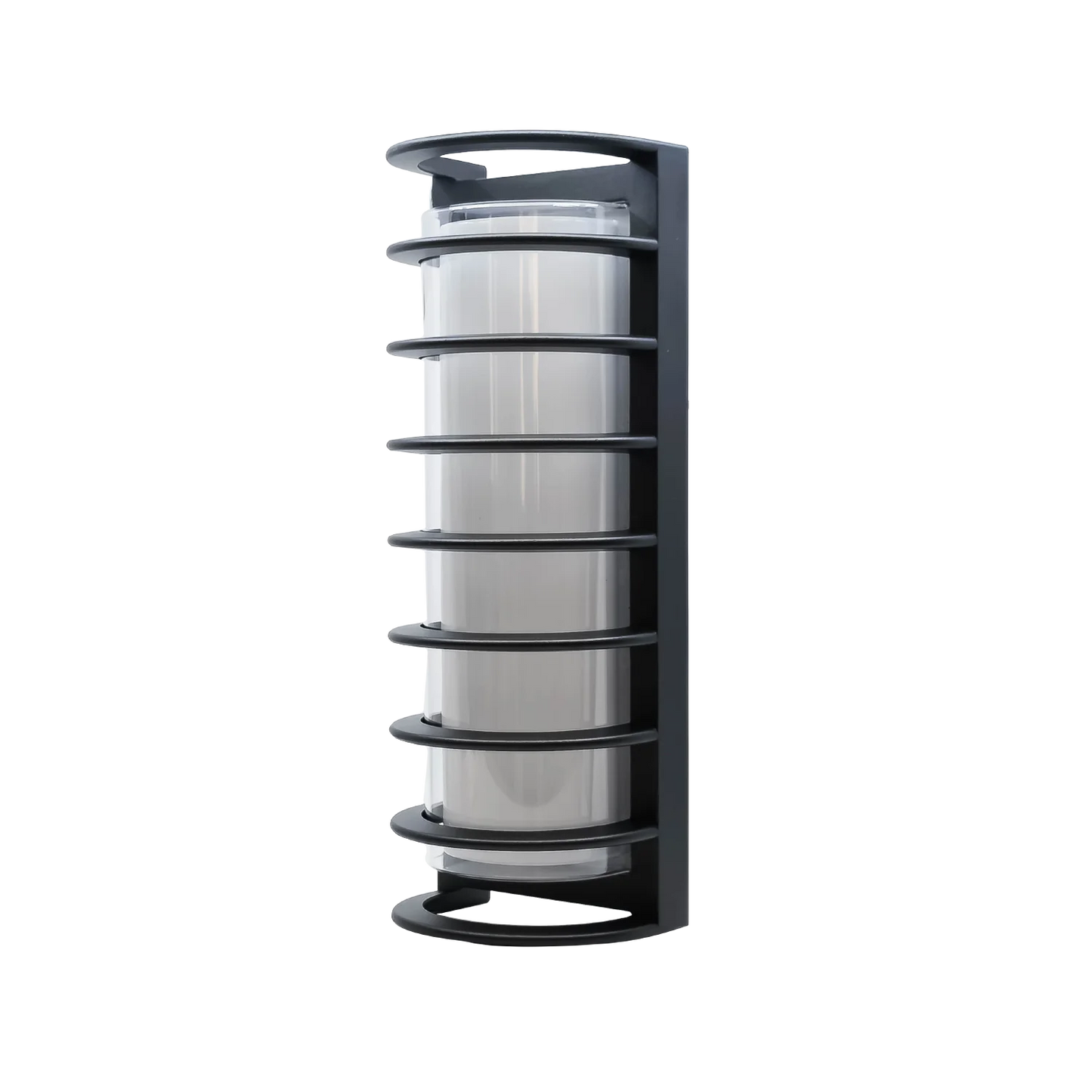 Black cylindrical shelf with multiple compartments on a white background