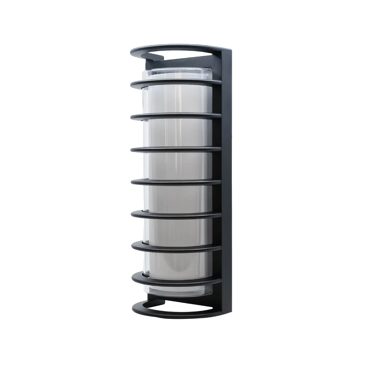 Black cylindrical shelf with multiple compartments on a white background