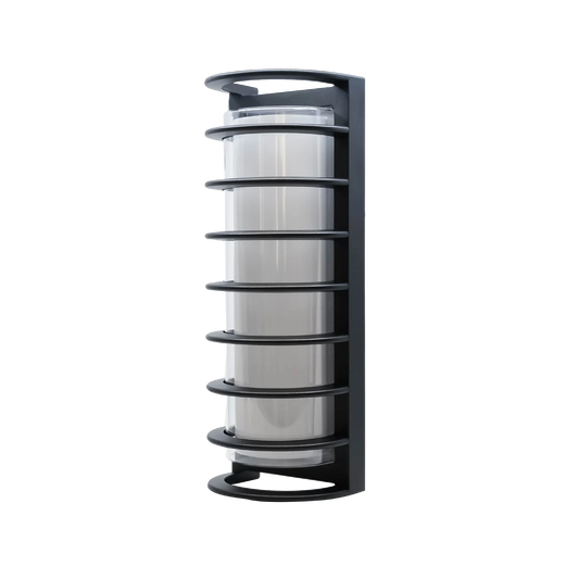 Black cylindrical shelf with multiple compartments on a white background