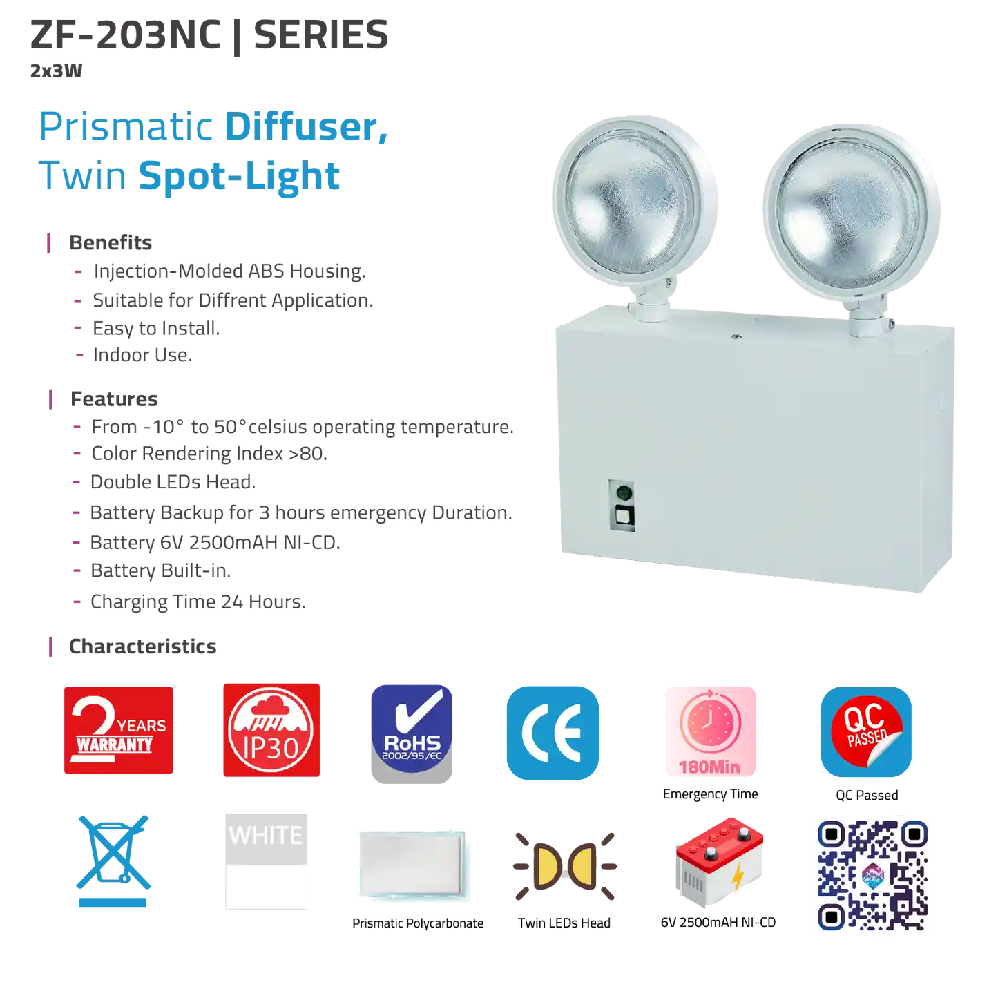 Prismatic Diffuser Twin Spot-Light with features and specifications on a white background