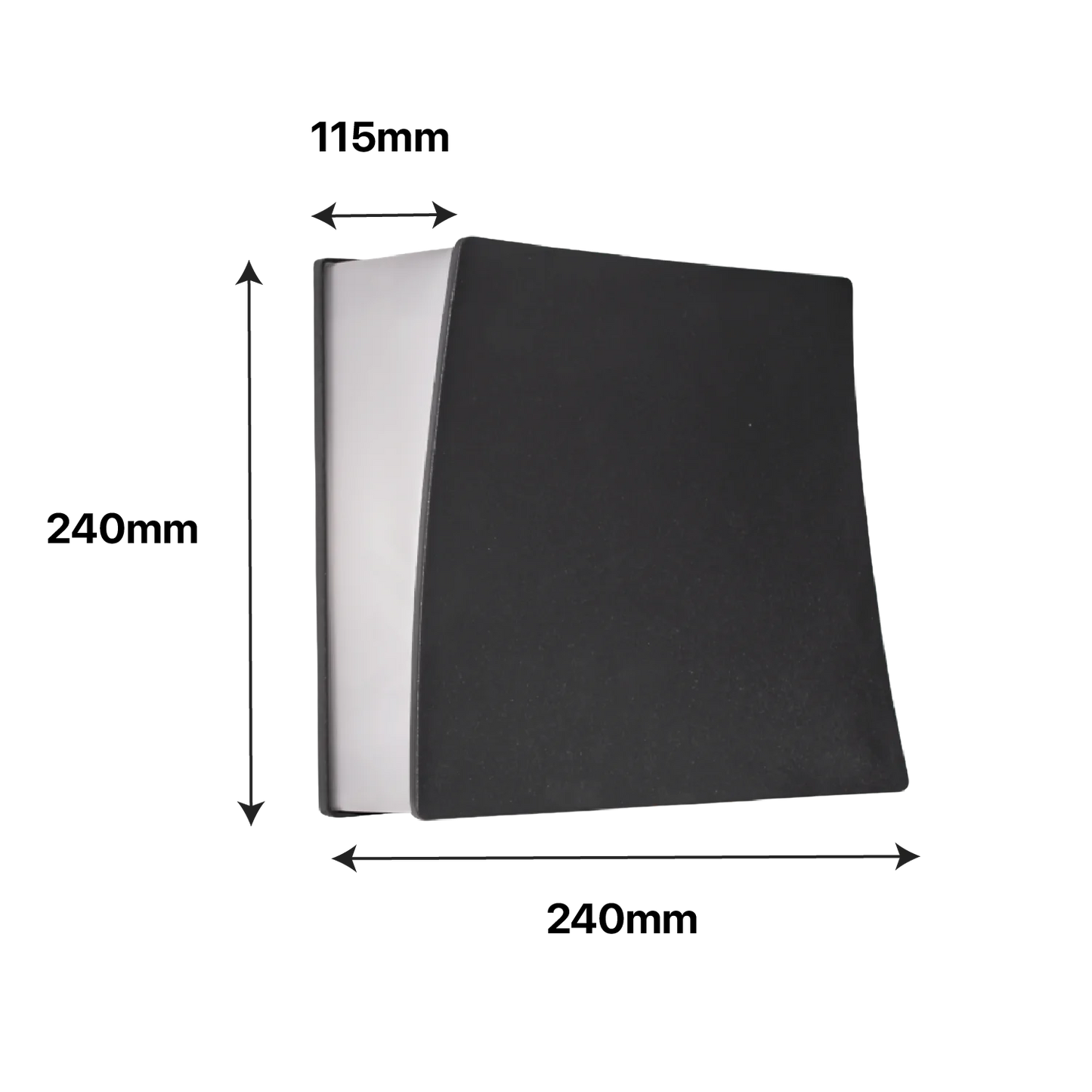 Black rectangular object with dimensions labeled on a white background