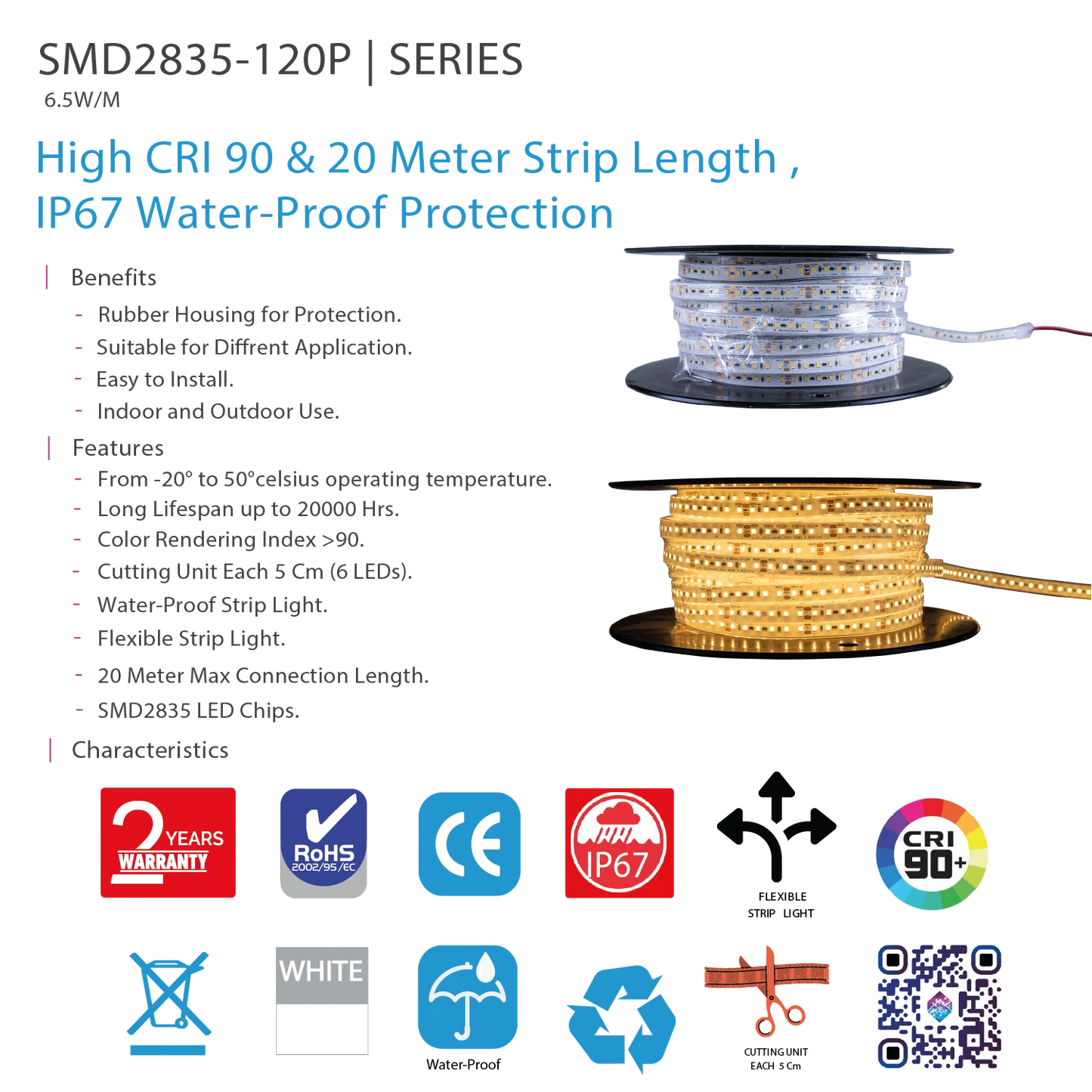 Waterproof LED Strip Light 20M 24V – Flexible Outdoor & Indoor Lighting (SMD2835-120P)