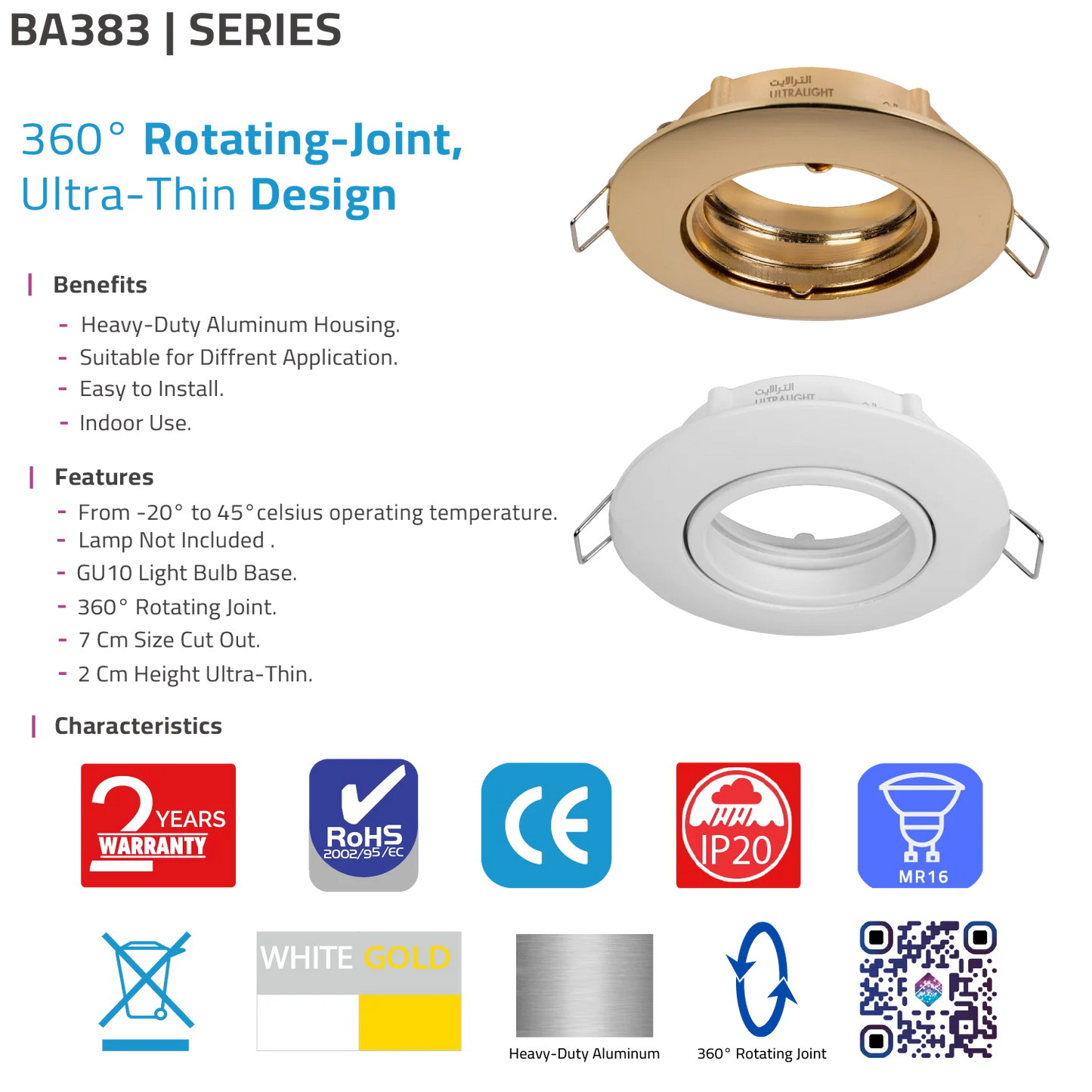 Gold and white recessed lighting fixtures with product details on a white background