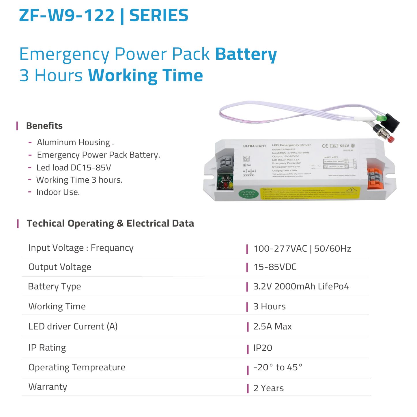 Emergency power pack battery with specifications on a white background