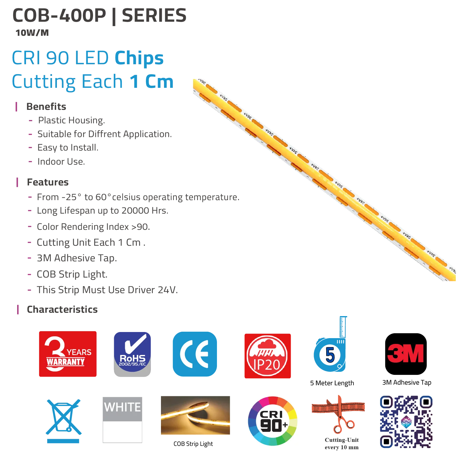 Ultra Light COB LED Strip Light - High CRI - Smooth Light - Flexible Design (COB-400P)