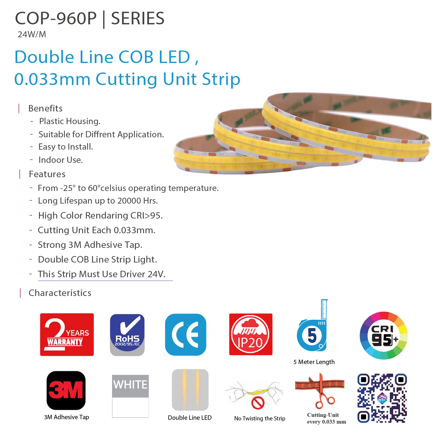 Ultra Light Double Line COB LED Strip Light 24W/m – 5M, High CRI >95 (COB-960p)