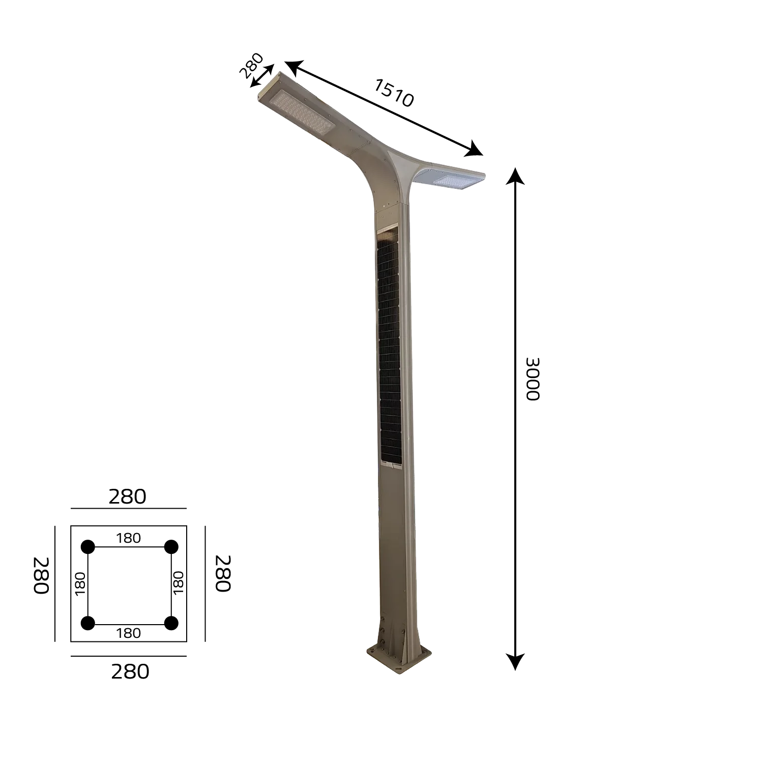 Solar Pole Light 30W IP65 (TY01) Dual-Head Outdoor LED Light with 160W Solar Panel & 3M Height