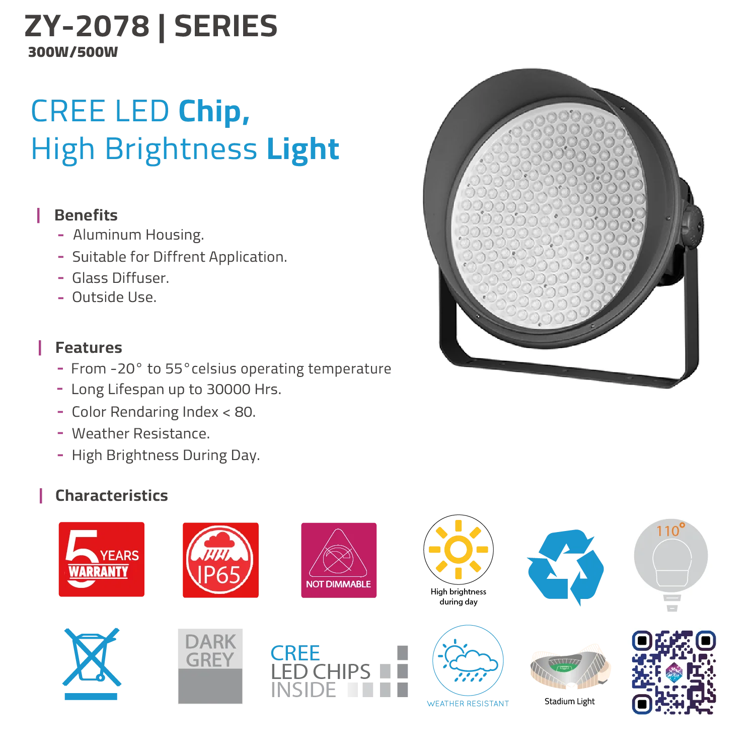 LED Flood Light IP65 (ZY-2078) – 300W/500W Outdoor Stadium Light with CREE Chips