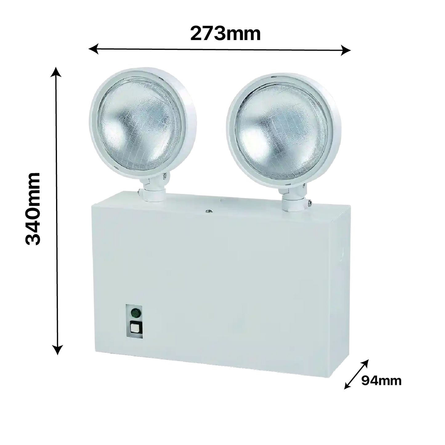 White emergency light with dimensions labeled on a white background