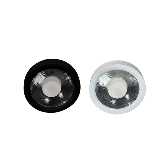 Two round light fixtures, one black and one white, on a white background
