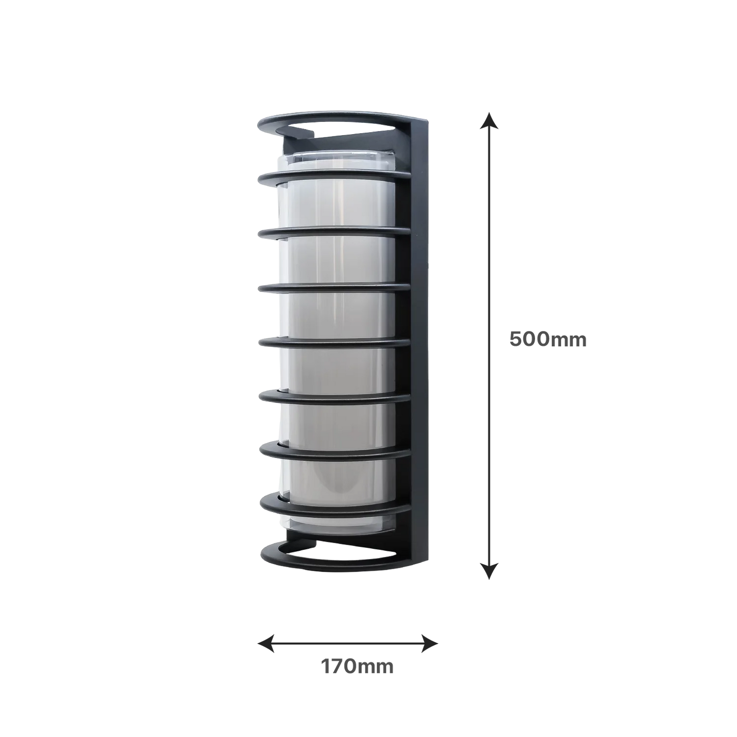 Black cylindrical product with mesh compartments and dimensions on a white background