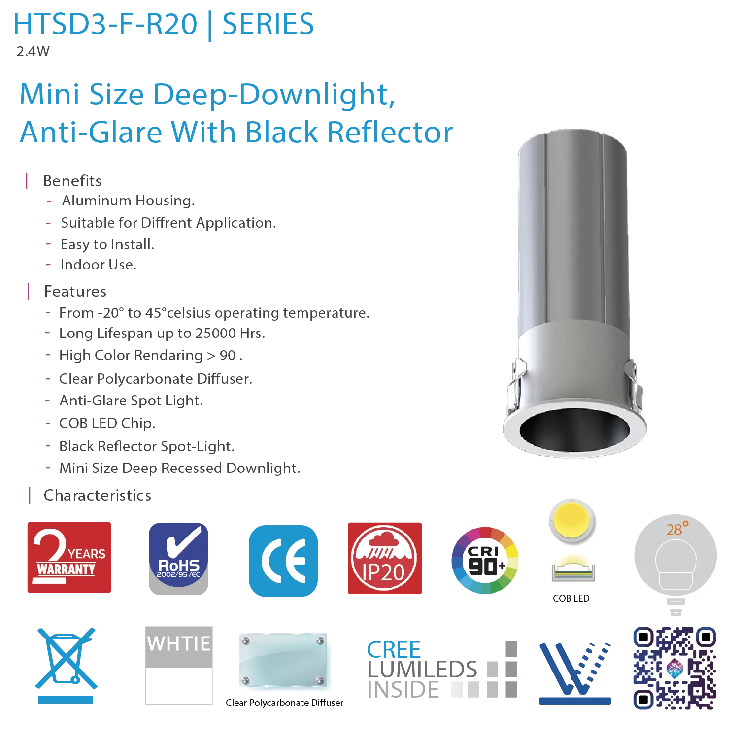 Ultralight Mini Anti-Glare Recessed LED Spot Light 2.4W CRI>90 (HTSD3-F-R20)