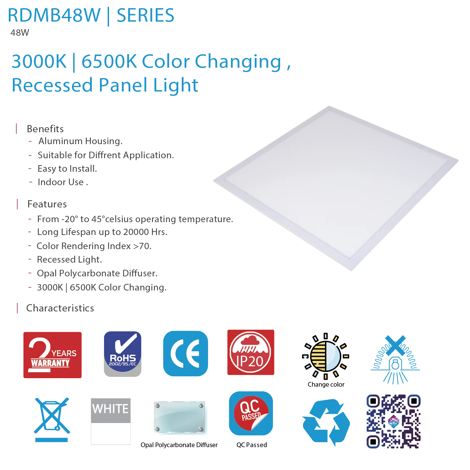 Ultra Light 60×60 Panel Light (RDMB48W) – 48W & Dual Color (3000K+6500K)