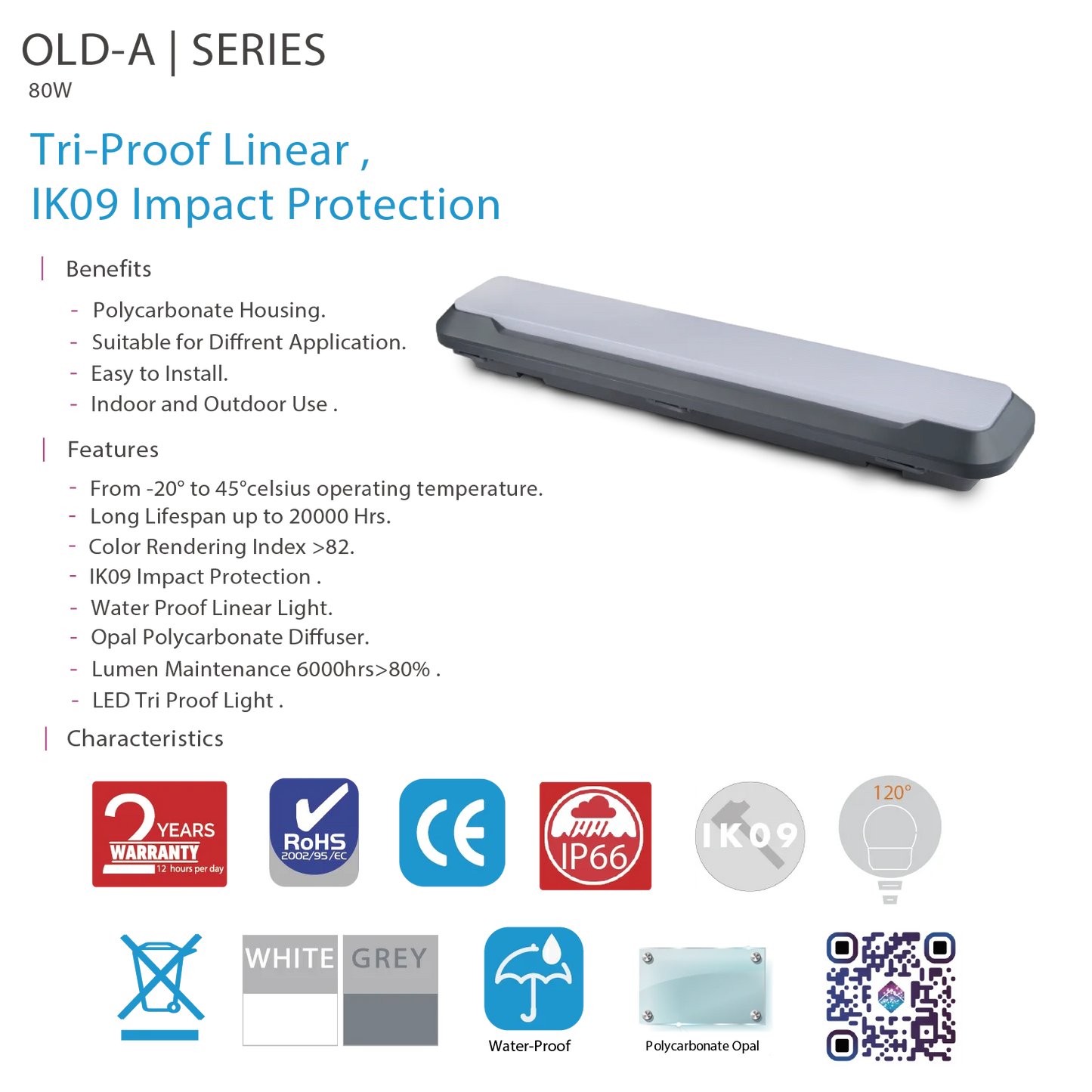 UltraLight LED Tri‑Proof Linear Light 80W – IP66, IK09 Impact‑Resistant (OLD‑A)
