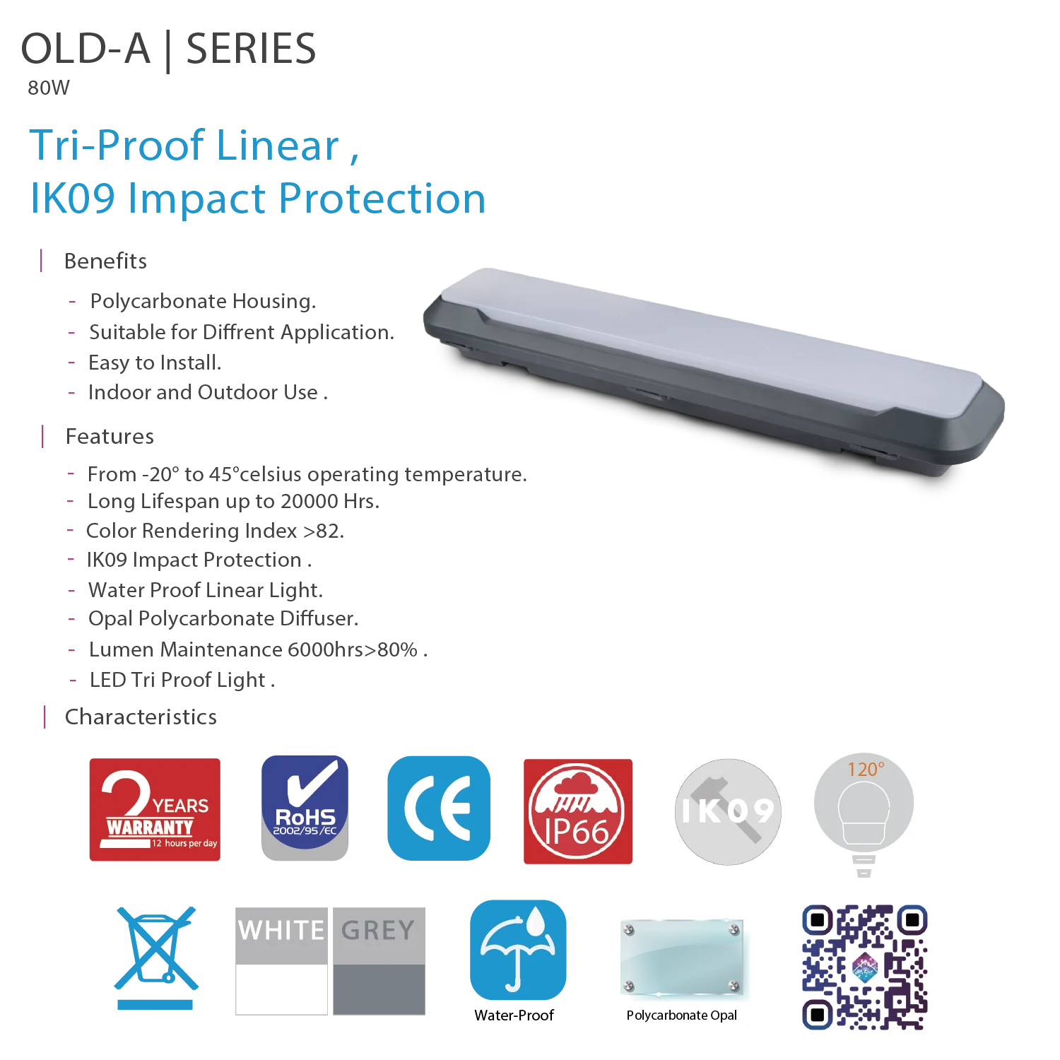 UltraLight LED Tri‑Proof Linear Light 80W – IP66, IK09 Impact‑Resistant (OLD‑A)