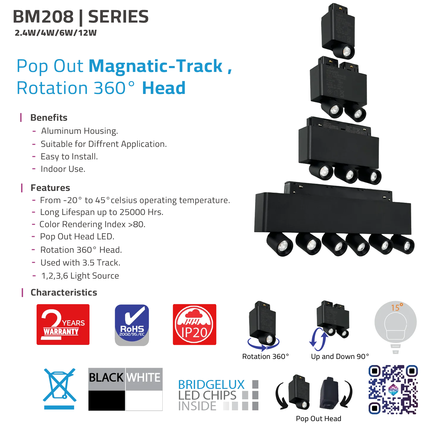 Magnetic Track Light - 360° Pop-Out LED Spotlight for Modern Interiors - Bridgelux Chip (BM208)