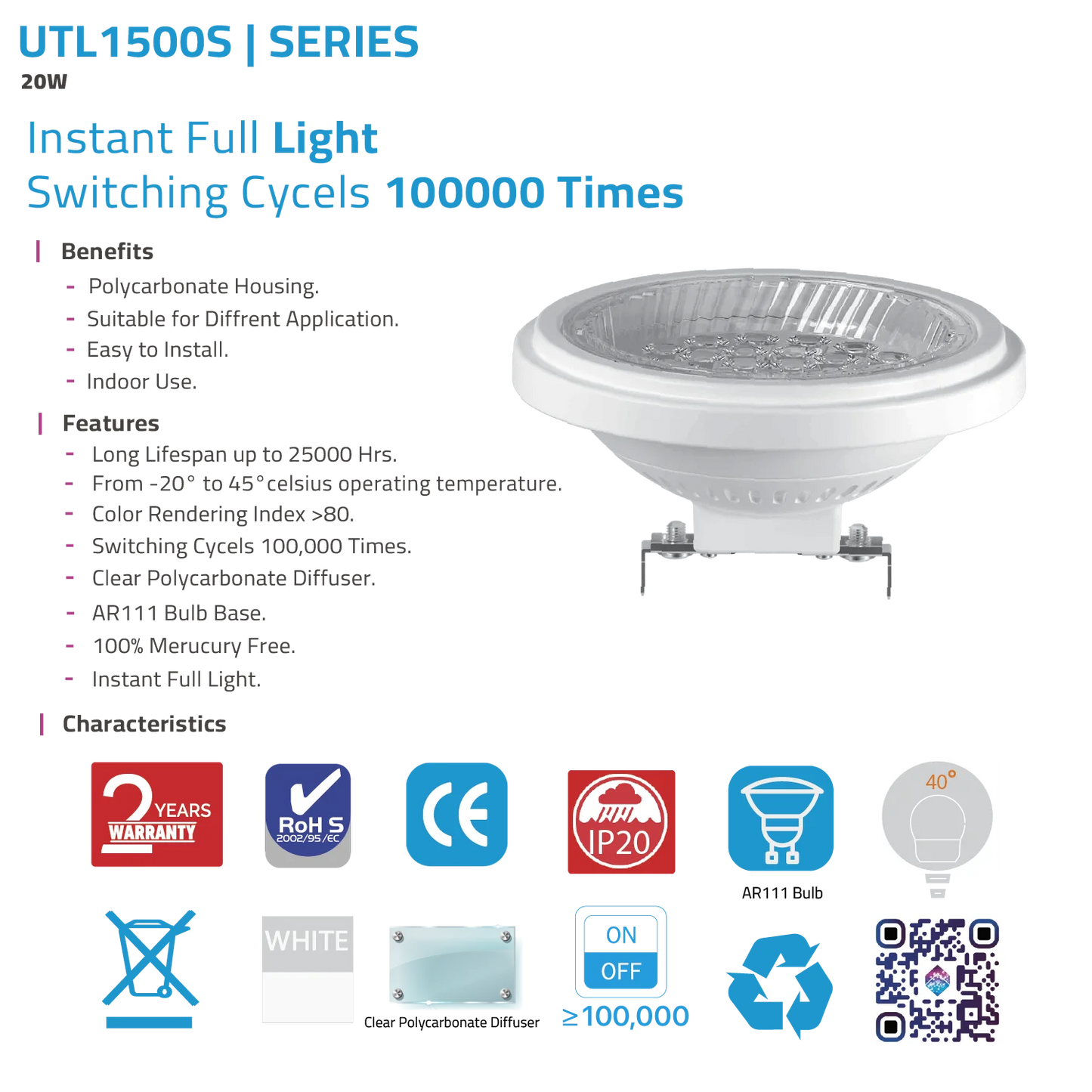Ultra Light Indoor LED AR111 Bulb 20W 12V (UTL1500S)