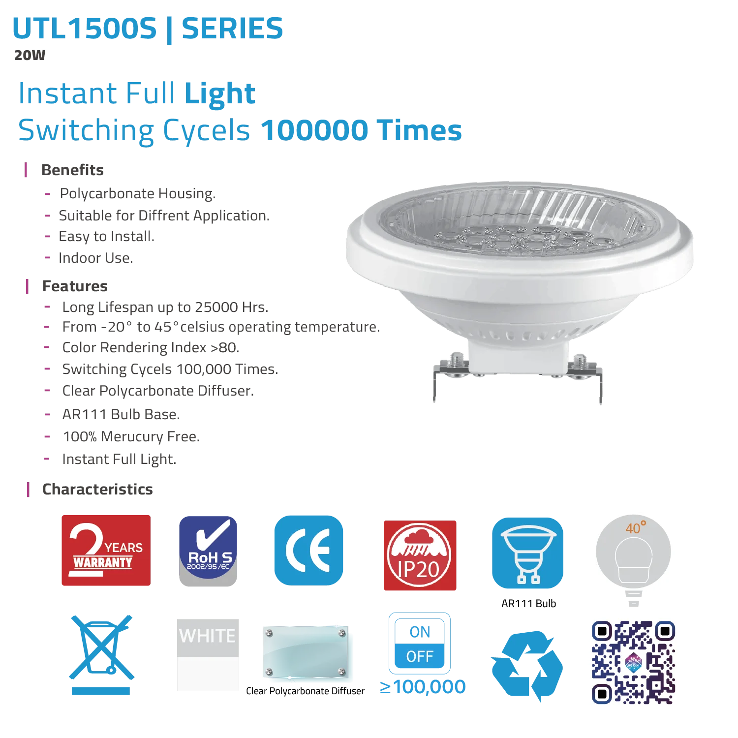 Ultra Light Indoor LED AR111 Bulb 20W 12V (UTL1500S)