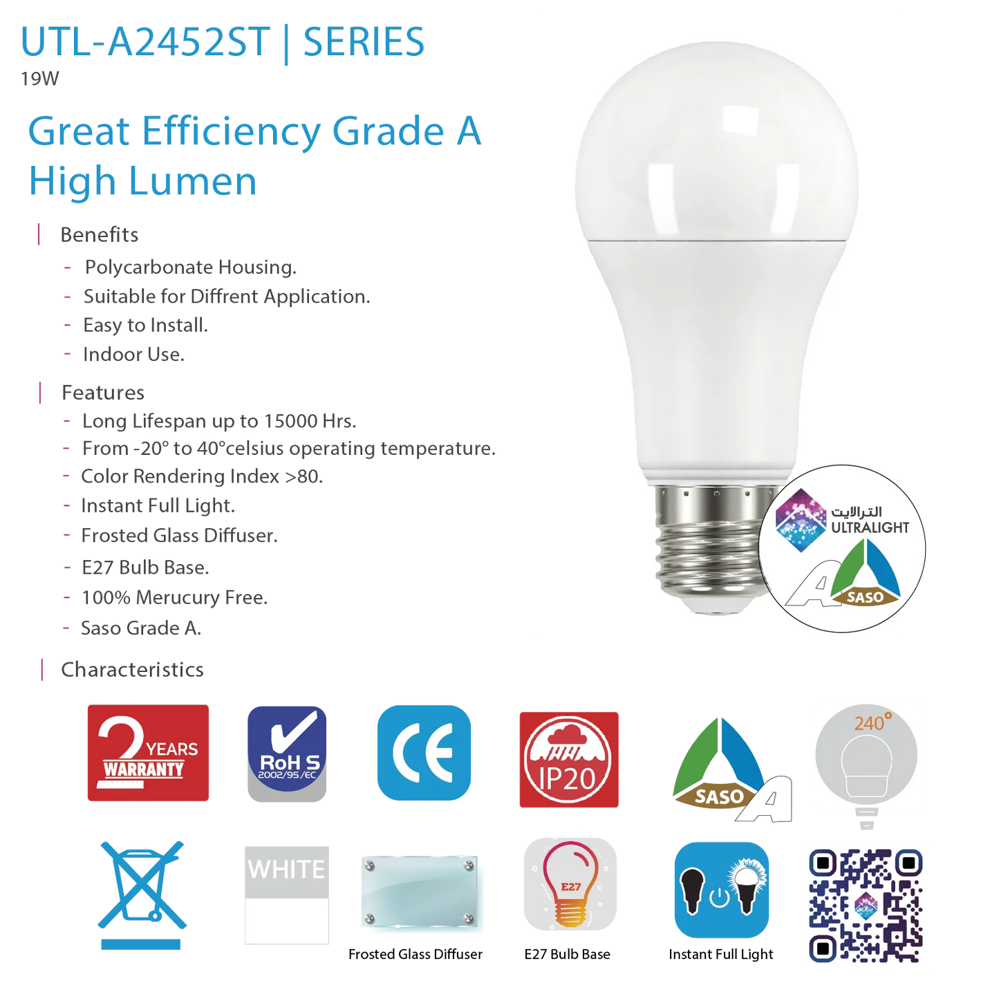 Ultra Light LED Bulb E27  – 19W High-Lumen & SASO Grade A (UTL-A2452ST)