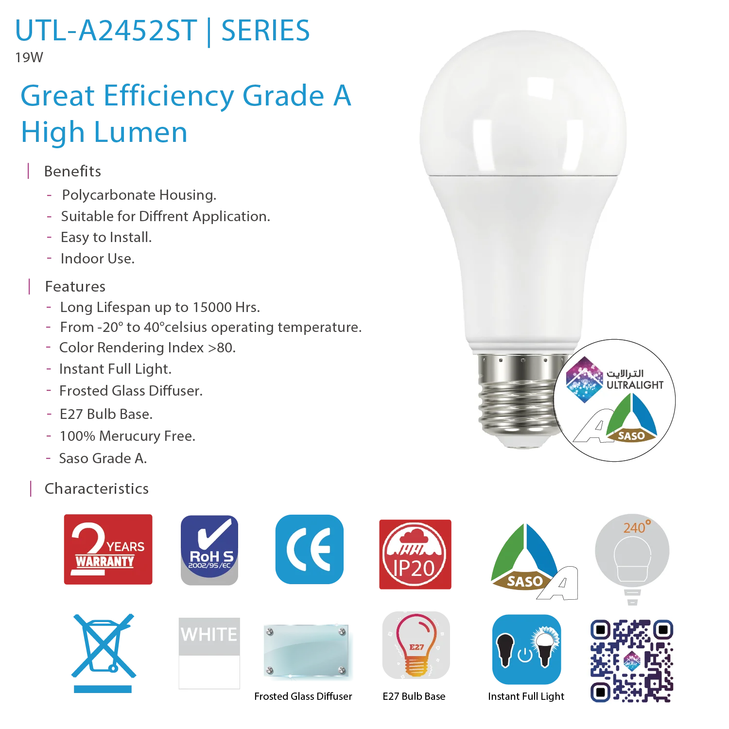 Ultra Light LED Bulb E27  – 19W High-Lumen & SASO Grade A (UTL-A2452ST)