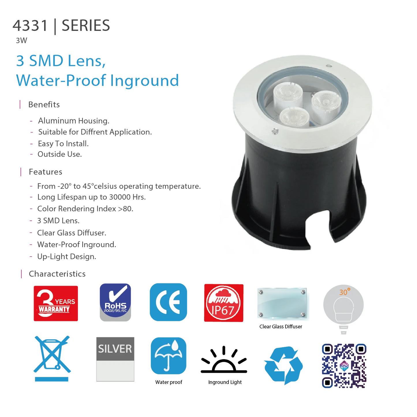 Ultralight LED Inground Light – Waterproof Outdoor with Multi-Color SMD Lens, IP67 (4331)