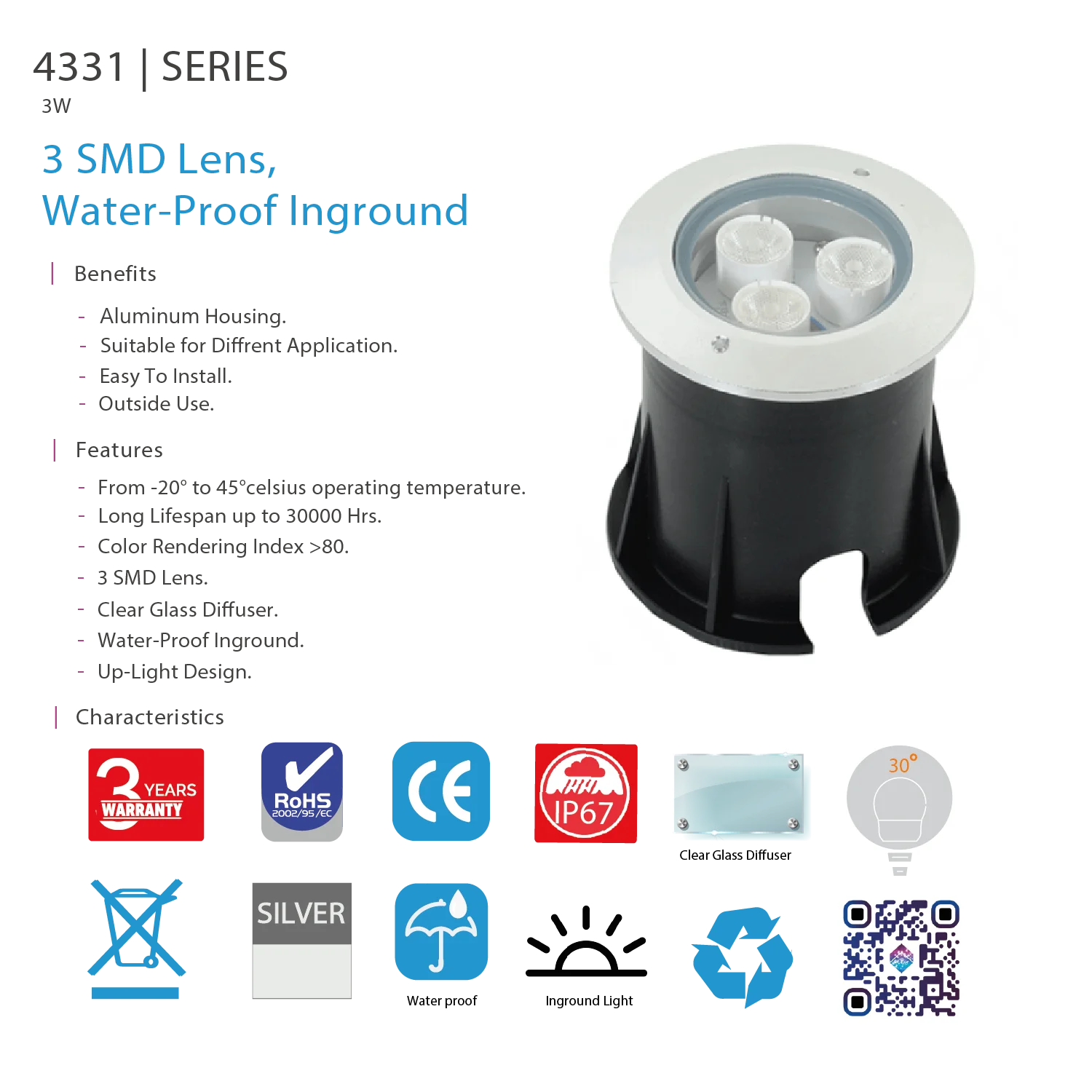 Ultralight LED Inground Light – Waterproof Outdoor with Multi-Color SMD Lens, IP67 (4331)