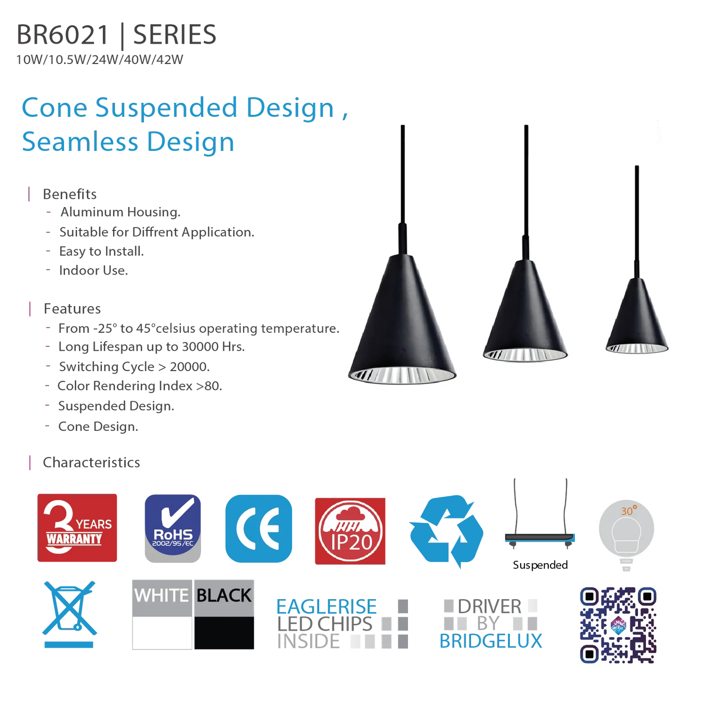 Ultralight Indoor Cone Pendant Light (BR6021)