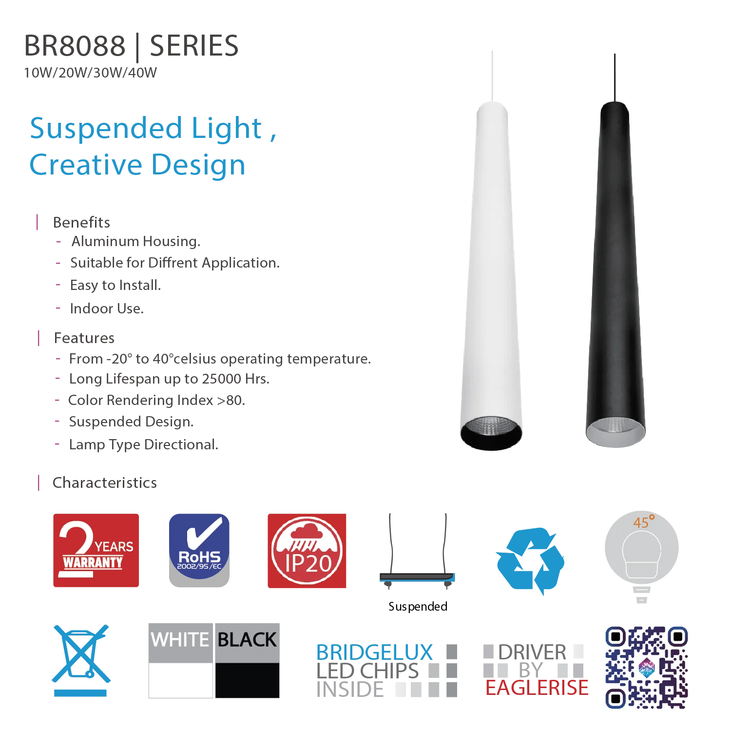 Ultralight Directional Pendant Ceiling Light 10W–40W (BR8088-RD)
