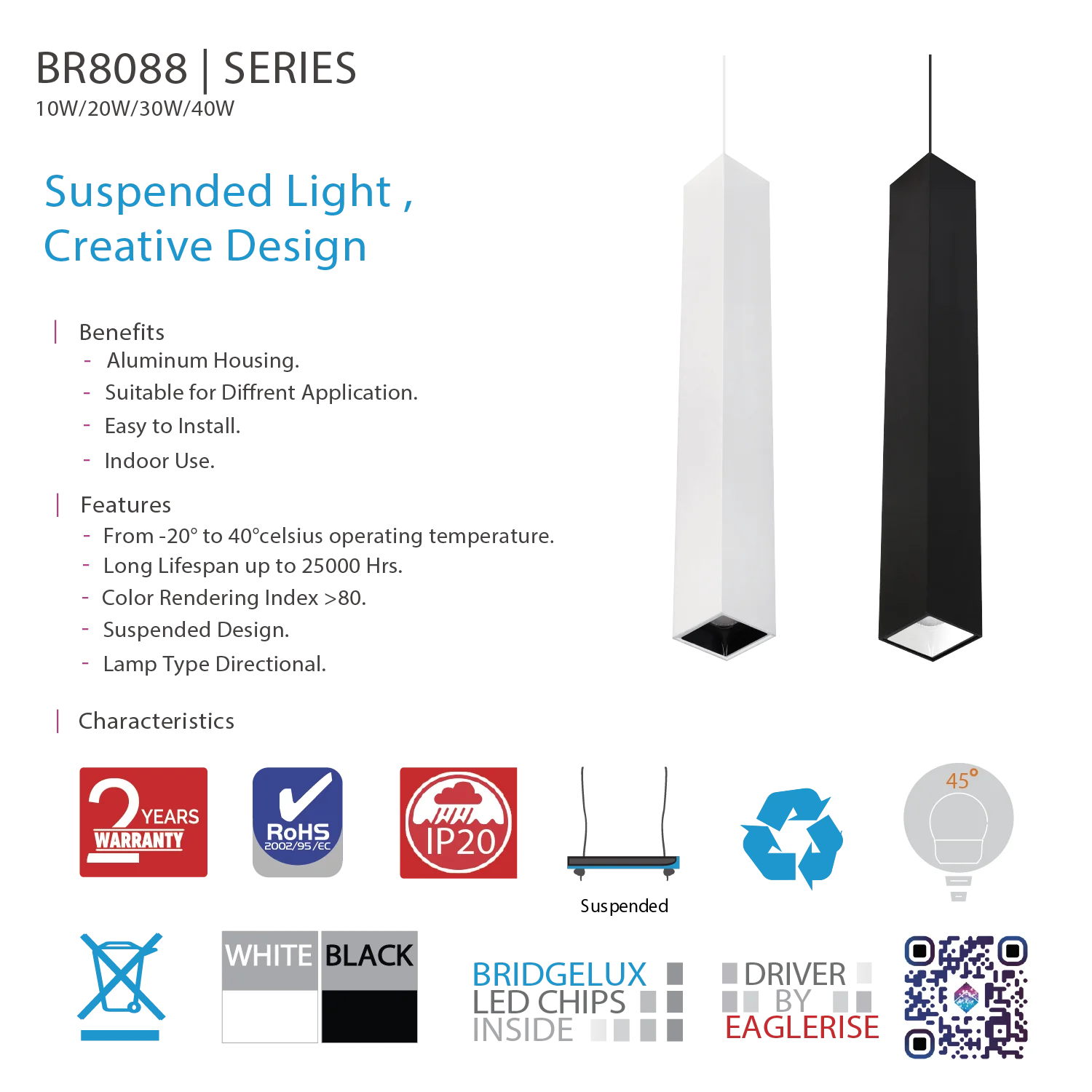 Ultralight Square Directional Pendant Light -20W Directional Fixture (BR8088-SQ)