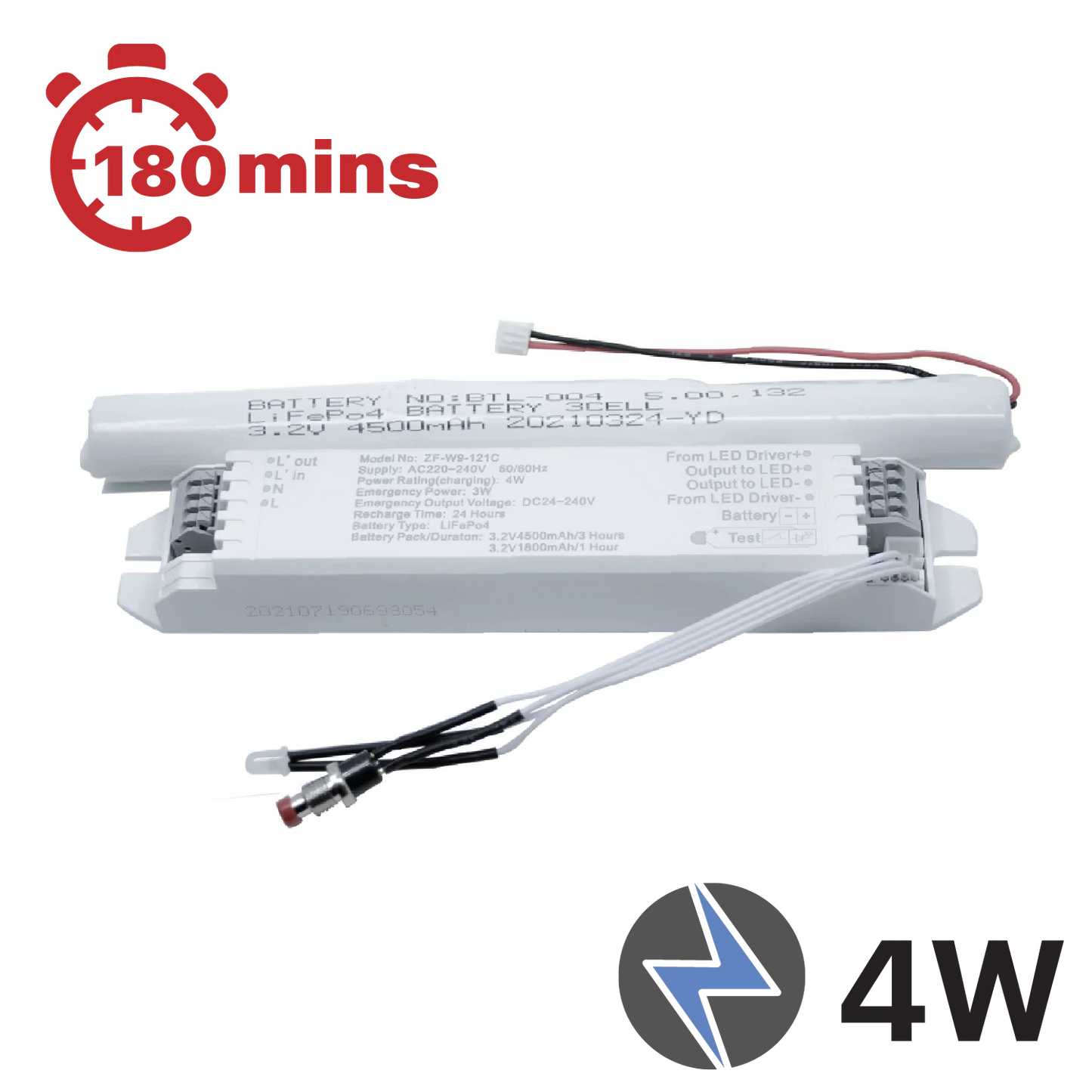 An LED emergency power pack with a white casing, featuring cables and labeling indicating a 4W output and 24V input.