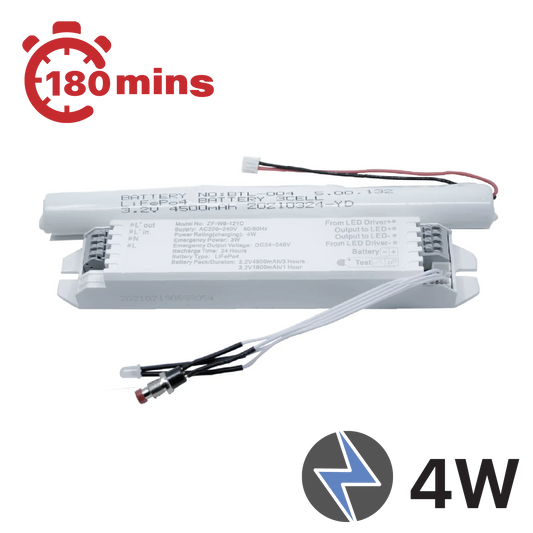 An LED emergency power pack with a white casing, featuring cables and labeling indicating a 4W output and 24V input.