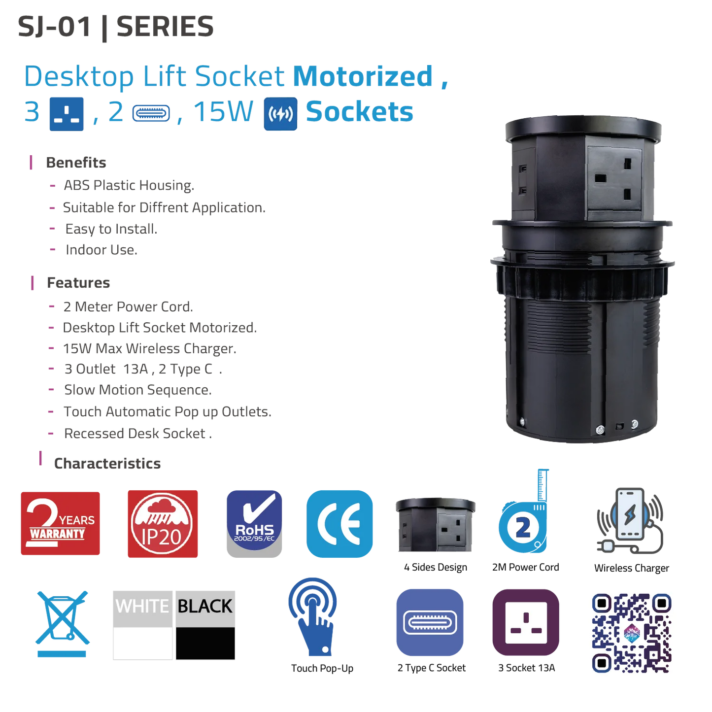 Ultra Light Motorized Desktop Socket with Wireless Charging and Sensor (SJ-01)