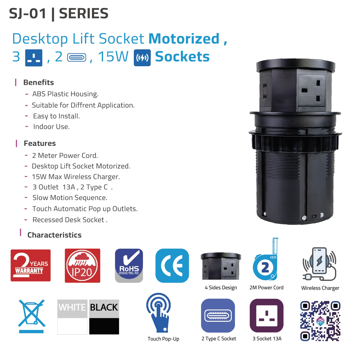 Ultra Light Motorized Desktop Socket with Wireless Charging and Sensor (SJ-01)